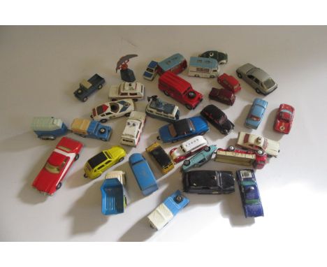 Playworn Corgi vehicles including Post Office Land Rover, Mobile Butchers Shop, AA Van and Austin Mini, F-P (Est. plus 21% pr