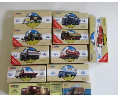 Eleven Corgi Classics including Whitbread Horse transporter, Thornycroft and Simon Snorkel Fire Engine, all items boxed, E (E