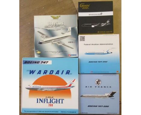 Five 1:200 scale aircraft comprising Boeing 747, Boeing 727.200, Boeing 727-25C, Airbus A321 and BOAC Bristol Britannia, boxe