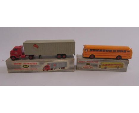 Two Dinky Super Toys 948 McLean Tractor and Trailer, 949 Wayne School Bus, boxes F-P, vehicles F (Est. plus 21% premium inc. 