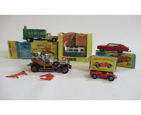 Four Corgi vehicles comprising Chitty Chitty Bang Bang, Live Stock Transporter, Marlin Rambler, Commer Mobile Camera Van, two