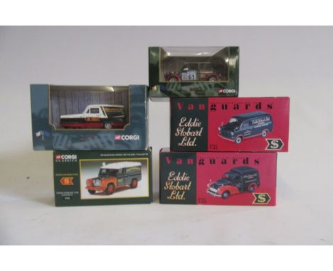 Corgi Stobart vehicles CC82204 Manx Mini, CC85801 Reliant van, 07402 Land Rover, Vanguards Morris Minor, Ford Transit MK1, bo