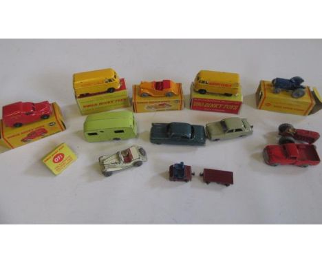 Dublo Dinky Toys vehicles comprising two 71 V.W. vans, 69 Ferguson tractor, 62 Singer, 68 Royal Mail van, some boxes AF, F-G,