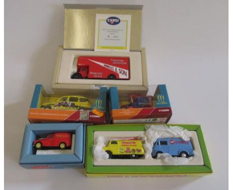 Five late issue Corgi vehicles comprising Furniture Van, Nestles Morris 1000, three Manchester Commonwealth Games Cars and To