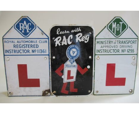 Three enamel driving instruction signs, two for the RAC and one for the Ministry of transport, all with the classic "L" motif