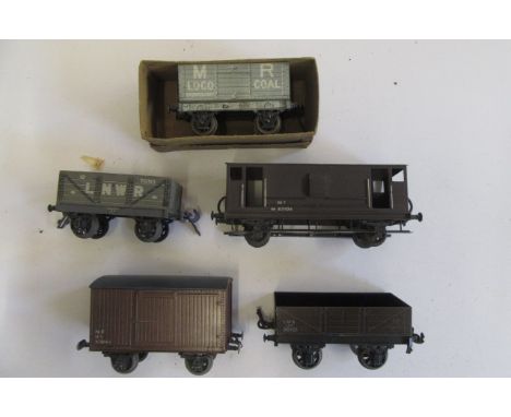Five goods wagons by Bassett Lowke and Leeds comprising M.R. Coal locomotive, L.N.W.R. Coal, L.M.S. Open, N.E. Van and Leeds 