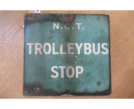 A two sided enamel NCT trolleybus stop sign, 15 3/4" x 15"&nbsp;(Est. plus 21% premium inc. VAT)