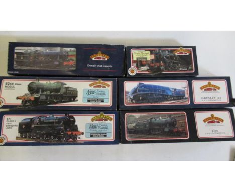 Six Bachmann B.R. Mogul 93XX, B.R. Class 4 4-6-0, B.R. Hall Class, Ivatt B.R. Class 2 Tank, G.W.R. Class 43XX and B.R. A4 600