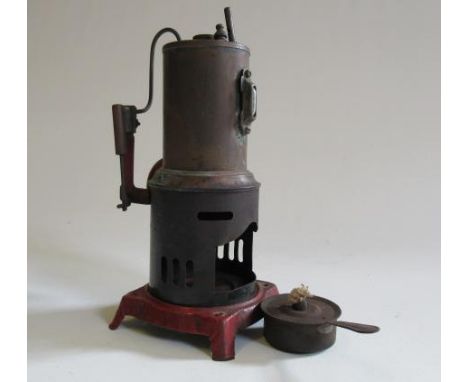 A German made small vertical steam engine with single cylinder and spirit fired boiler, missing chimney stack, F-P (Est. plus