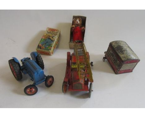 Playworn tinplate toys including fire engine, van, large scale Chad Valley Fordson tractor, Dunn &amp; Co. Biscuits tin and a