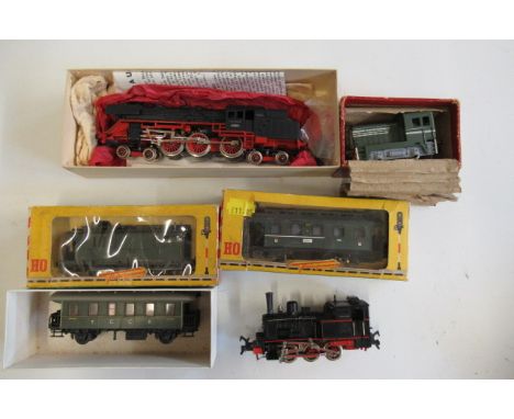 HO Scale trains comprising Fleischmann 0-6-0T, three coaches, Lilliput Class 62 Tank and V.E.B. 0-4-0 diesel shunter, most it