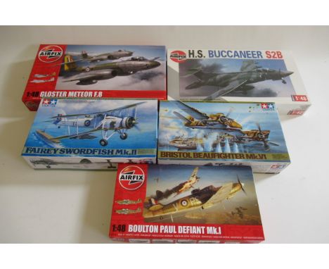 Five 1:48 scale Aircraft kit comprising Airfix Meteor F8, Buccaner, Defiant MK1 Tamiya Swordfish MKII and Bristol Beaufighter