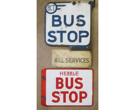 A two sided BCT enamel bus stop sign, with bolted secondary sign for "ALL SERVICES", 17" X 12 3/4", together with a two sided