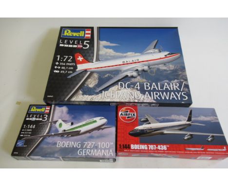 Three model kits by Airfix and Revell comprising Boeing 707-436, Revell Boeing 727-100 and 1:72 scale Revell DC4, boxed, M (E