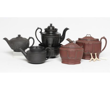 A COLLECTION OF STAFFORDSHIRE DRY BODIED STONEWARES, early 19th century, comprising an engine turned Ferrybridge black basalt