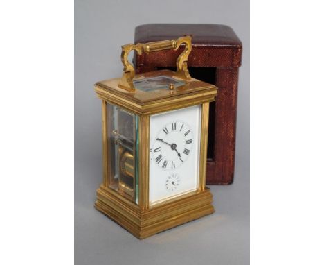 A FRENCH BRASS CASED CARRIAGE CLOCK, early 20th century, the twin barrel movement with platform escapement striking on a gong
