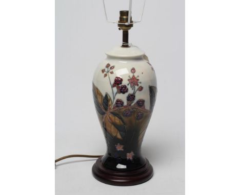 A MOORCROFT POTTERY BRAMBLE PATTERN ELECTRIC TABLE LAMP BASE, modern, of inverted baluster form, tubelined and painted in col