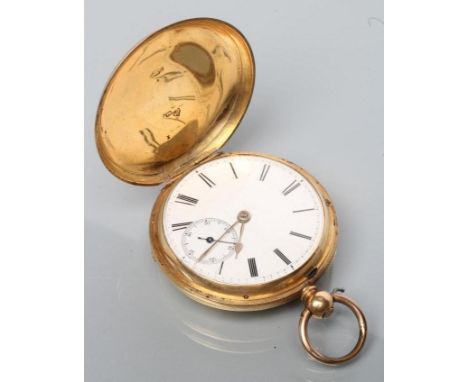 A VICTORIAN 18CT GOLD KEY WIND HUNTER POCKET WATCH, the white enamel dial with black Roman numerals enclosing subsidiary seco