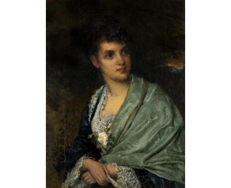 ATTRIBUTED TO WILLIAM I OLIVER (1823-1901), Portrait of a Young Woman in Lace Trimmed Dress and Green Silk Shawl, oil on canv