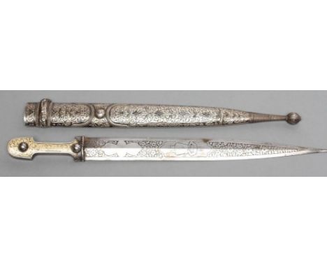 A CAUCASIAN DAGGER, the 12 5/8" dagger etched with Cossack and floral decoration, grip of typical form with gilt scroll inlay