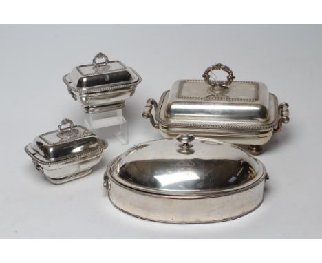 AN OLD SHEFFIELD PLATE TWO HANDLED ENTREE DISH, COVER AND LINER, early 19th century, of rounded oblong form with stamped and 