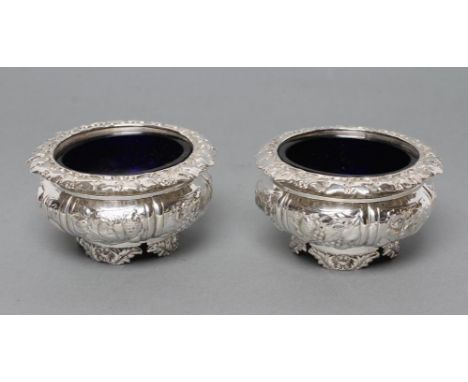 A PAIR OF GEORGE IV SILVER SALTS, maker Charles Fox, London 1826, of lobed squat baluster form with everted chased fruiting v