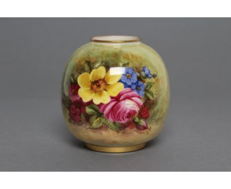 A ROYAL WORCESTER CHINA SMALL VASE, 1933, of rounded cylindrical form, painted in colours by Freeman with Summer flowers on a