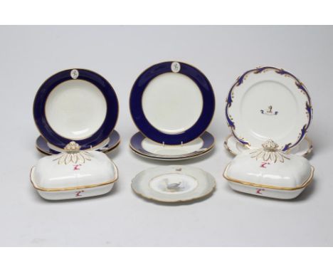 A COLLECTION OF VICTORIAN AND LATER ARMORIAL PORCELAIN, comprising three Royal Worcester soup plates and three matching plate