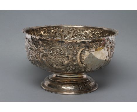 A LATE VICTORIAN SILVER ROSE BOWL, maker Elkington & Co. Ltd., Birmingham 1898, the everted crimped rim over a band chased an