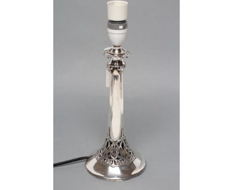 A SILVER ELECTRIC TABLE LAMP BASE, maker Mappin & Webb, Birmingham 1930, of inverted trumpet form with pierced and engraved f