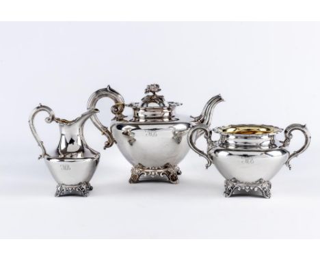 A COMPOSITE VICTORIAN SILVER THREE PIECE TEA SERVICE, maker Reily & Storer, London 1844 and 1845 (sugar), of rounded conical 