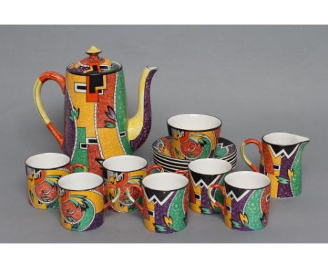 AN ART DECO GRIMWADES POTTERY "JAZZ" COFFEE SERVICE of plain tapering cylindrical form, painted in bright colours with a geom