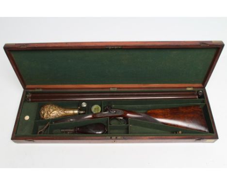 A THOMAS HILL OF DUNSE 14 BORE DOUBLE BARRELLED PERCUSSION SHOTGUN, the 30" damascus barrels inscribed with maker's name, pet