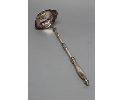 A GEORGE IV SCOTTISH SILVER PUNCH LADLE, maker's mark rubbed, Edinburgh 1825, the double lipped oval bowl chased and repousse