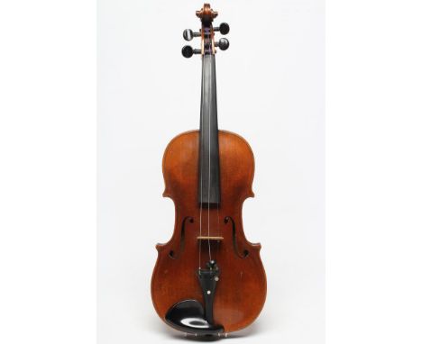 A GERMAN VIOLIN, the two piece back stamped HOPF, two of the four ebony turners with mother of pearl button inlay, the interi