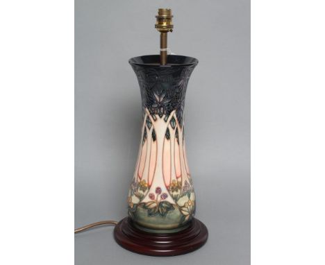 A MOORCROFT POTTERY CLUNY TREES PATTERN ELECTRIC TABLE LAMP BASE, modern, of rounded waisted cylindrical form, tubelined and 