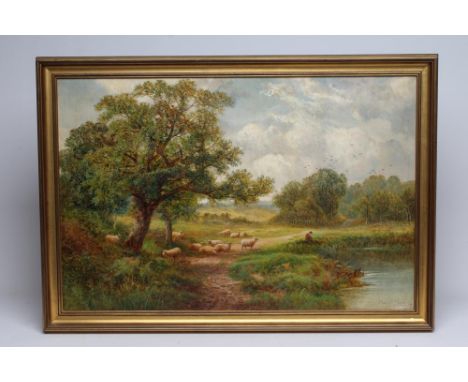 CHARLES P. SHAW (19th Century), Summer Landscape with Sheep Resting and Boy Fishing in the Foreground, oil on canvas, signed 