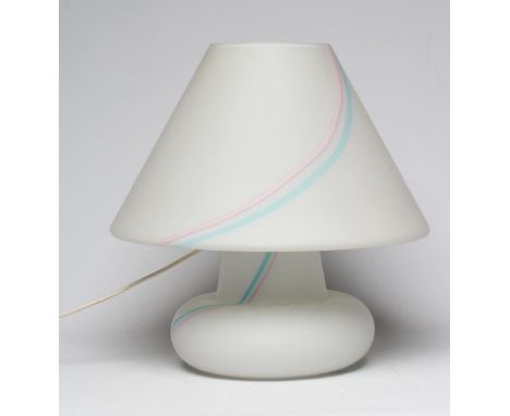 A MURANO VETRI GLASS LAMP BASE AND SHADE, modern, the white opaque conical shade and baluster base with pink and blue striati