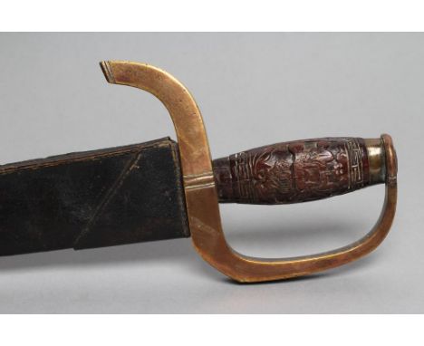 A CHINESE BUTTERFLY SWORD OR HUDIEDAO, late 19th century, with 18 1/8" heavy blade, brass hilt with knuckle guard, wood grip 