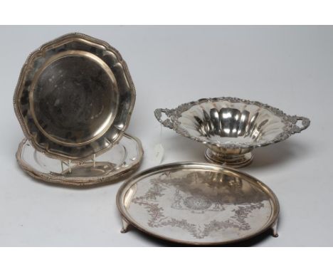 A SET OF FOUR PLATED ON COPPER PLATES, 20th century, of shaped circular form, the piecrust border with gadrooned rim, engrave