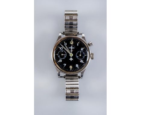 A SECOND WORLD WAR LEMANIA MILITARY WRISTWATCH, the black dial with luminous Arabic numerals, centre seconds and two subsidia