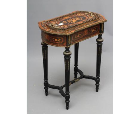 A VICTORIAN EBONISED, YEW BANDED AND MARQUETRY JARDINIERE STAND of rounded oblong form with gilt metal mounts, central lift o