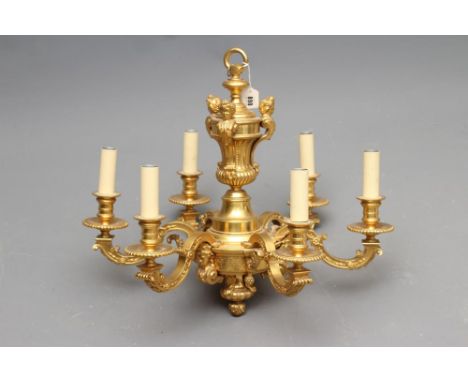 A FRENCH ORMOLU SIX LIGHT CHANDELIER, after the model by Andre Charles Boulle, 20th century, the turned fluted vase stem with