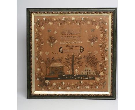 A GEORGE IV SAMPLER, worked by Ellen Howarth, 1828, in coloured silks on a fine woven ground with moralistic vases over the T