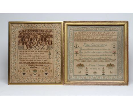 A GEORGE III SAMPLER, worked in coloured silks in full cross stitch by Martha Bolshaw, 1818, with upper-case alphabet and ver
