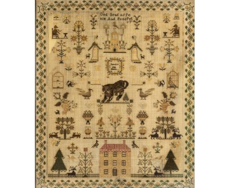 A GEORGIAN SAMPLER, c.1820, worked in two ply silk in full cross stitch by Sarah Ann Steele, with two young ladies and their 