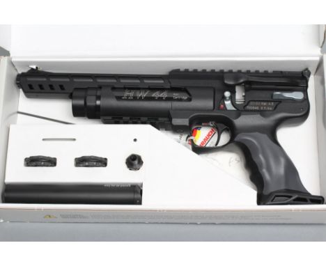 A WEIHRAUCH HW44 PCP .177 AIR PISTOL, with 10" barrel, front sight, adjustable rear sight, manual safety, side lever cocking 