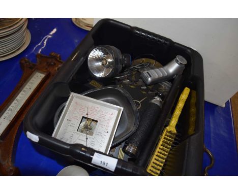 Box of various mixed items to include various clock movements, a vintage metal wall clock, assorted tools etc