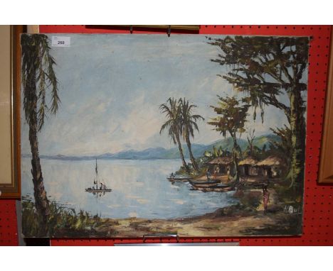 K Paul (20th Century) study of a tropical seaside village, oil on canvas, unframed