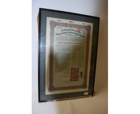 Framed German Share Certificate produced for Deutsch-Asiatische Bank, framed and glazed